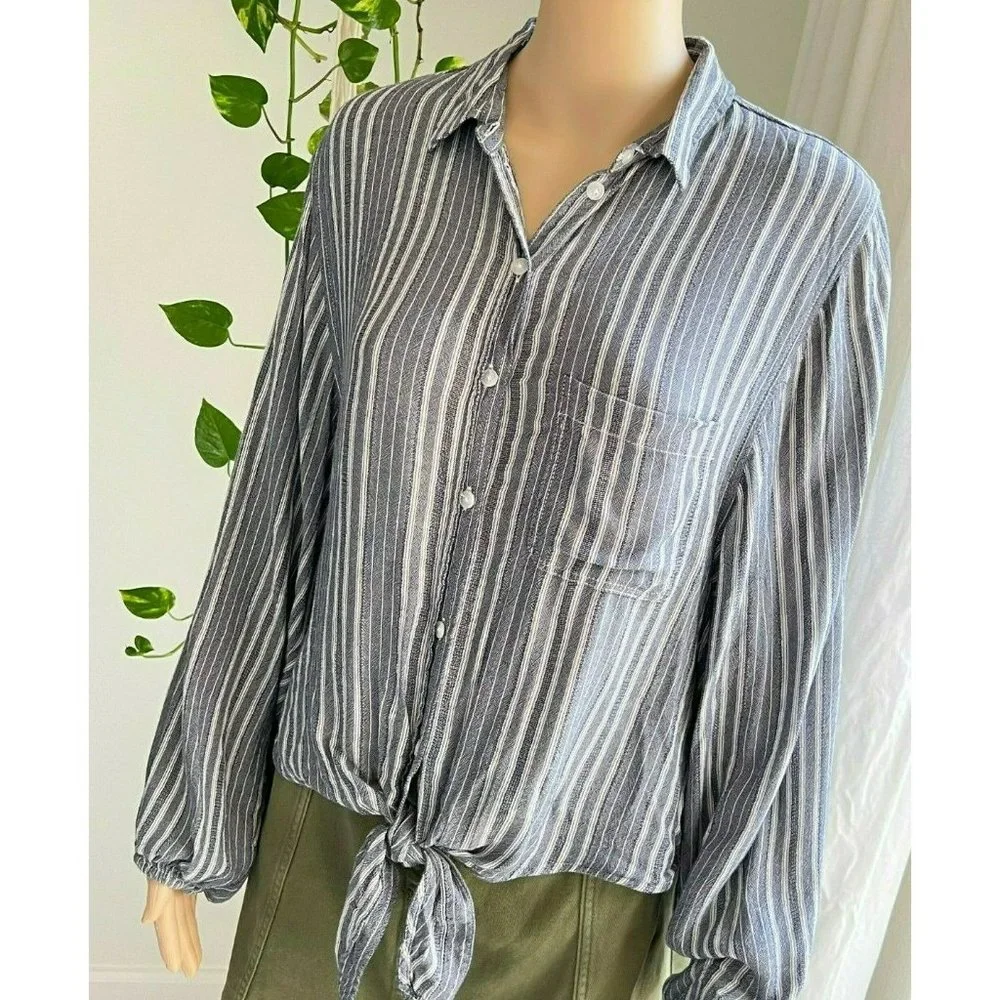 AMERICAN EAGLE OUTFITTERS  Button Front Tie Waist Stripe Gray White Small - Picture 2 of 12